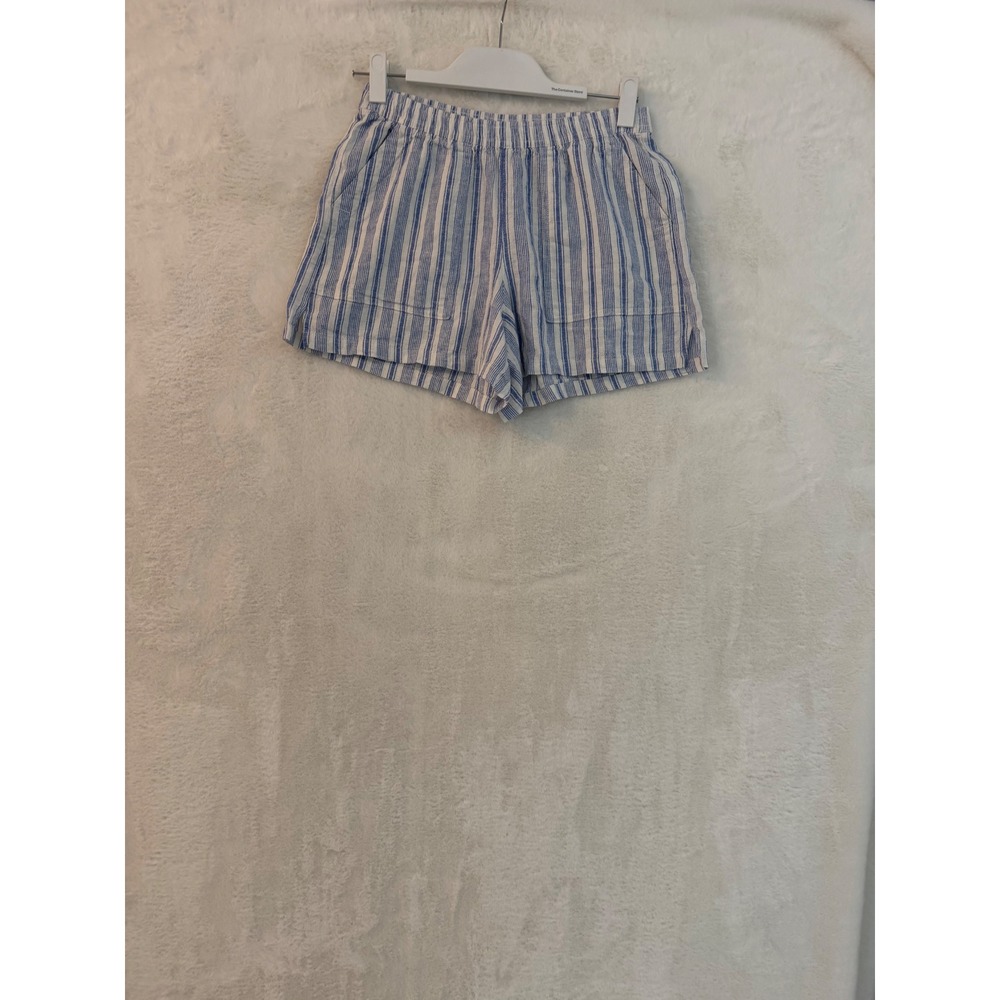 Old Navy Linen Blend Striped Shorts Blue White Elastic Waist Womens XS